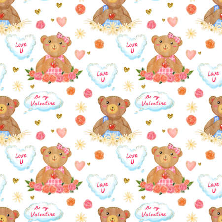 Romantic seamless pattern with watercolor teddy bear with letters, hearts. Hand drawn lovely ornament for textile, fabric, wrapping paper. Wedding, birthday, Valentine's day endless pattern.の写真素材