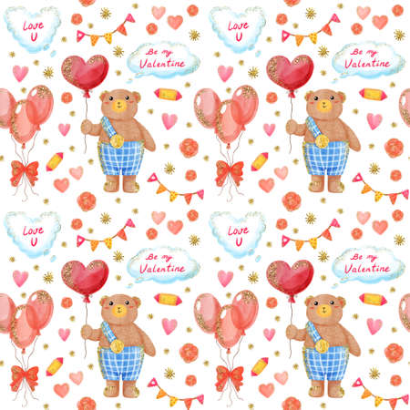 Romantic seamless pattern with watercolor teddy bear holding balloons, hearts, roses, sweets. Hand drawn art with gold glitter effect for fabric, wrapping paper. Valentine's day endless pattern.の写真素材