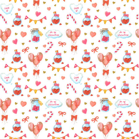 Romantic seamless pattern with watercolor jar with hearts, balloons, roses, sweets, holiday decoration. Hand drawn art for fabric, wrapping paper. Wedding, birthday, Valentine's day endless pattern.の写真素材