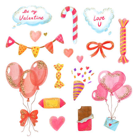 Set of watercolor balloons, hearts, flag, bow, clapperboard, flapper, text balloon, sweets, candy for decoration wedding, birthday, valentine's day. Hand drawn clipart for print, stickers.の写真素材