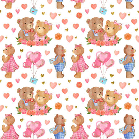 Romantic seamless pattern with watercolor teddy bear, love, hearts, roses, kiss. Hand drawn ornament with glitter effect for fabric, wrapping paper. Wedding, birthday, Valentine's day endless pattern.の写真素材