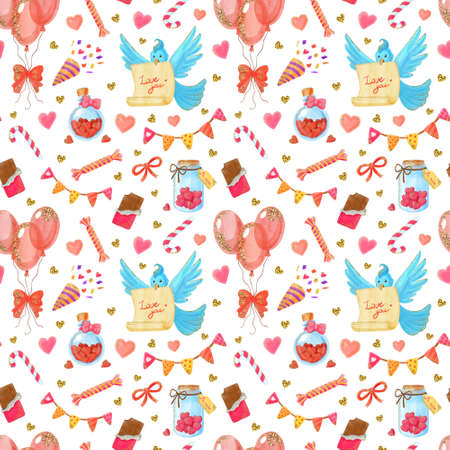 Romantic seamless pattern with watercolor blue bird with love letter, jar with hearts, balloons, sweets. Hand drawn art for textile, wrapping paper. Wedding, birthday, Valentine's day endless pattern.の写真素材