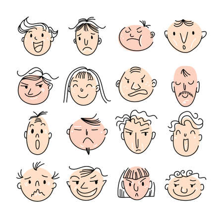 Doodle people faces collection isolated. Hand drawn male and female characters with different emotions. Vector hand drawn sketches.のイラスト素材