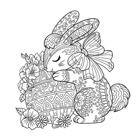 Easter sweet rabbit with decorative egg and spring flowers. Coloring book page for adult with doodle  elements. Vector hand drawn isketch isolated.のイラスト素材