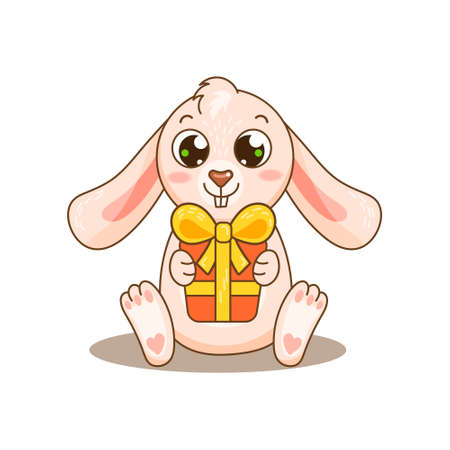 Funny pink baby rabbit hold a present for greeting holidays. Vector illustration for design, kids poster, print. Funny comic carttoon bunny with gift.のイラスト素材