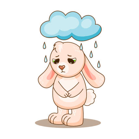 Sad pink rabbit under rainy cloud and watch down. Vector illustration for design, kids poster, print. Funny comic carttoon bunny with emotions.のイラスト素材