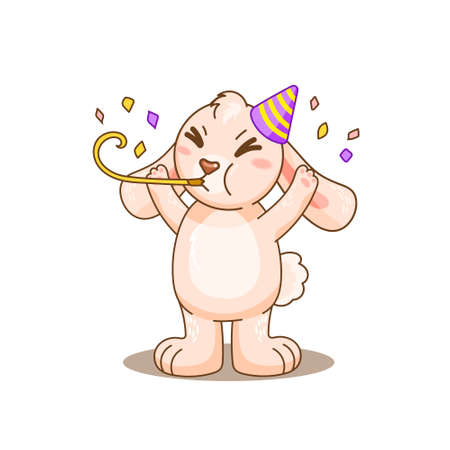 Cute rabbit in party hat with whistle and confetti celebrate birthday, holidays. Vector illustration for design, kids poster, print. Funny comic cartoon bunny enjoy party.のイラスト素材