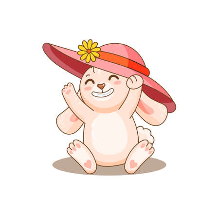 Smiley pink rabbit say hi and wear red hat with flower. Vector illustration for design, kids poster, print. Funny comic carttoon bunny meet friends.のイラスト素材