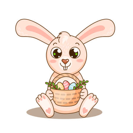 Cute baby rabbit with big ears with basket and easter eggs. Vector illustration for design, kids poster, print. Funny comic carttoon bunny celebrate Easter.のイラスト素材