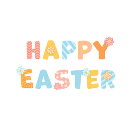 Happy easter colorful decorative text in pastel colors with flowers. Design letters for creative spring holidays. Great for print postcard, banner, poster, sticker. isolated on white.のイラスト素材