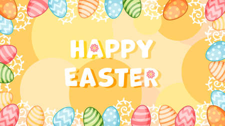 Happy Easter cartoon colorful banner with decorative eggs and floral elements for print, web sites, advertising. Vector poster with typography and decor for holiday card, label.のイラスト素材