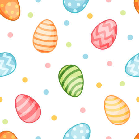Colorful positive seamless pattern with decorative traditional eggs. Vector isolated illustration for wrapping paper, textile, fabric, wallpaper, print, decor. Happy Easter eggs in pastel colors.のイラスト素材