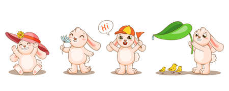 Set baby rabbits in different positions with stuff. Cute animals say hi, wear hat, help small birds, sniff flower and smile. Vector illustration collection for design, print, kid materials.のイラスト素材