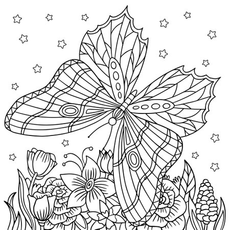 Flying butterfly near spring flowers. Coloring book page for adult with doodle elements. Vector hand drawn isolated.のイラスト素材