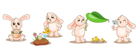 Set baby rabbits in different poses with gardening stuff. Cute animals hold easter basket, water flowers, help small birds, sniff flower, smile and do gardening. Vector bunny collection for design, print, kid materials.のイラスト素材