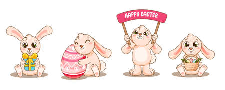 Set baby easter rabbits in different poses with stuff. Cute animals celebrate easter, give gifts, hold sign happy easter and basket with eggs. Vector bunny collection for design, print, kid materials, celebration.のイラスト素材