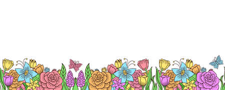 Spring seamless border with flowers and butterflies. Vector endless floral ornament for create design, poster, banner, print.のイラスト素材