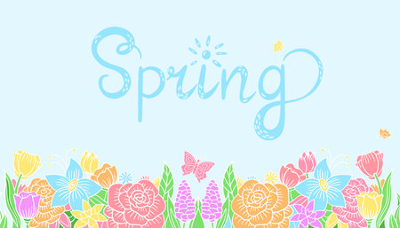Banner spring in pastel colors with lettering and flowers. Vector illustration for design, banner, print, poster.のイラスト素材