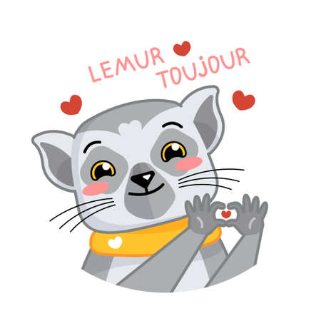 Cartoon funny lemur show love and happy emotion. Vector animal illustration for emoji, sticker, print with words lemur toujour. love feelings.のイラスト素材