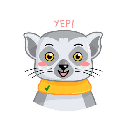 Cartoon funny lemur show positive emotion and agree. Vector animal illustration for emoji, sticker, print with word yes.のイラスト素材