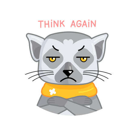 Cartoon funny lemur show boring, dissatisfied emotion. Vector animal illustration for emoji, sticker, print with words think again.のイラスト素材