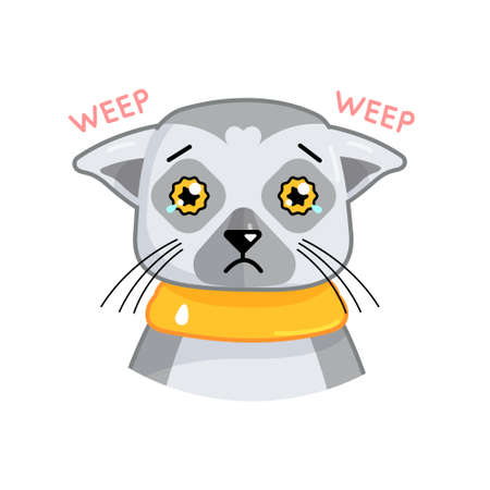 Cartoon funny lemur show crying and sad emotion with tears. Vector animal illustration for emoji, sticker, print. Feeling depressed.のイラスト素材
