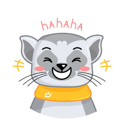 Cartoon funny positive lemur smiling and laughing. Vector animal illustration for emoji, sticker, print with words ha-ha-ha.のイラスト素材