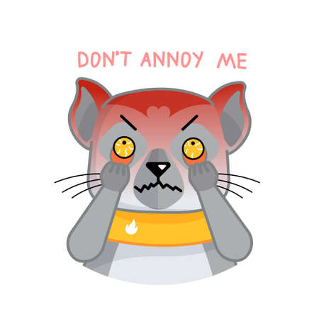 Cartoon funny lemur show anger, annoying, nervous, mad, furious emotion. Vector animal illustration for emoji, sticker, print with words don't annoy me.のイラスト素材