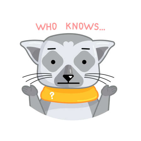 Cartoon funny lemur show dissapointed emotion. Vector animal illustration for emoji, sticker, print with words who knows. Character in two minds.のイラスト素材