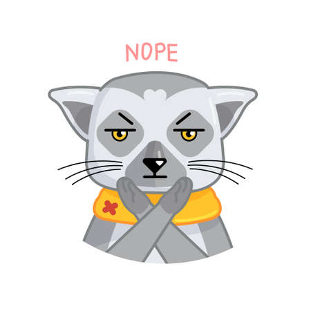 Cartoon funny lemur show negative against emotion and say no. Vector animal illustration for emoji, sticker, print with word nope.のイラスト素材