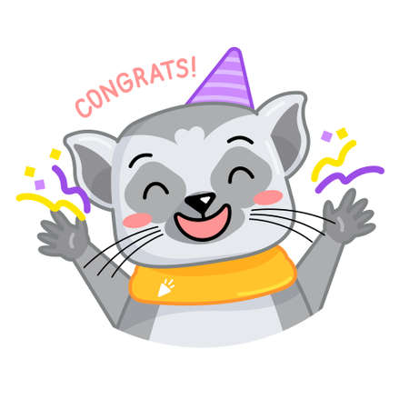 Cartoon funny lemur show happy positive emotion. Vector animal illustration for emoji, sticker, print with words congrats. Lemur greeting birthday, party.のイラスト素材