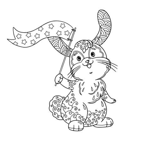 Cute baby bunny with flag coloring book page for children with doodle and elements. Vector outline isolated.のイラスト素材