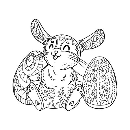 Cute baby bunny sit with Easter eggs coloring book page for children with doodle and elements. Vector outline isolated.のイラスト素材