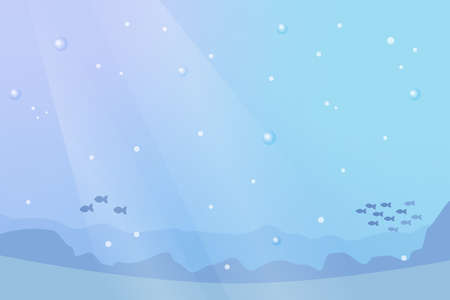 Light blue and violet sunset underwater background with fish, sand, light, bubbles. Vector horizontal illustration for wallpaper, casual game design, children arts.のイラスト素材