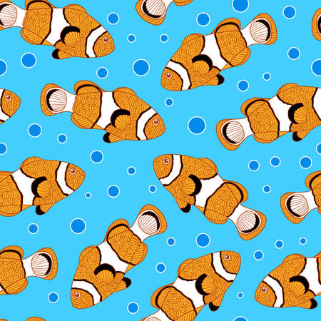 Colorful seamless blue oceanic pattern with clown fish. Vector illustration for wrapping paper, decoration, print, textile. ocean pattern.のイラスト素材