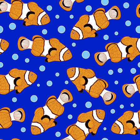Colorful seamless deep blue pattern with clown fish in the water. Vector illustration for wrapping paper, decoration, print, textile.のイラスト素材