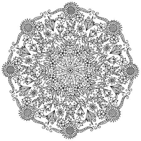 Stylized mandala of nature for coloring book for adult. Vector outline illustration with flowers, butterflies and ladybugs. art therapy. Isolated line art with doodle and pattern for relaxing at home.のイラスト素材