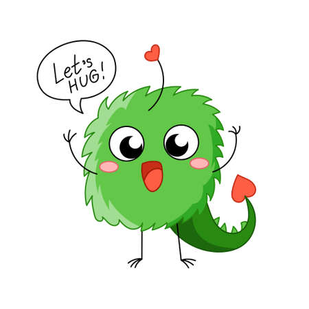 Cute green monster offer hugs. Funny alien vector illustration for kids, halloween, design baby products.のイラスト素材