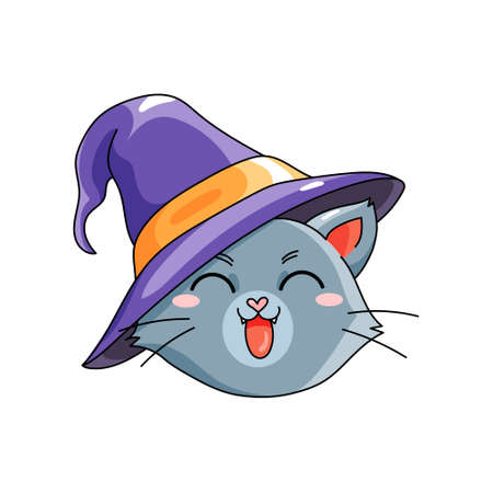 Halloween cat head in funny witch hat costume vector illustration. Clipart for holiday stickers, kids print, decoration parties.のイラスト素材