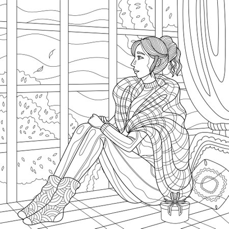 Girl sitting near window and looking at nature. Relax at home watching the weather. Coloring book page for adult with doodle elements. Vector hand drawn isolated.のイラスト素材