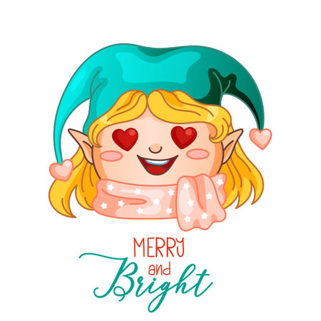 Christmas elf with funny phrase Merry and Bright. Vector winter illustration for postcard, greeting card, poster, gift. Childish santa helper for holidays.のイラスト素材