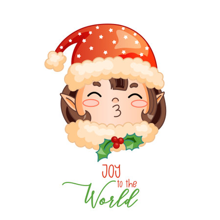 Christmas elf with funny phrase Joy to the World. Vector winter illustration for postcard, greeting card, poster, gift. Childish santa helper for holidays.のイラスト素材