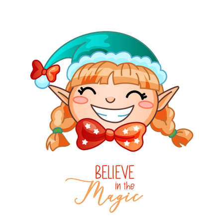 Christmas elf with funny phrase Believe in Magic. Vector winter illustration for postcard, greeting card, poster, gift. Childish santa helper for holidays.のイラスト素材