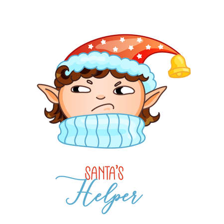 Christmas elf with funny phrase. Vector winter illustration for postcard, greeting card, poster, gift. Childish santa helper for holidays.のイラスト素材