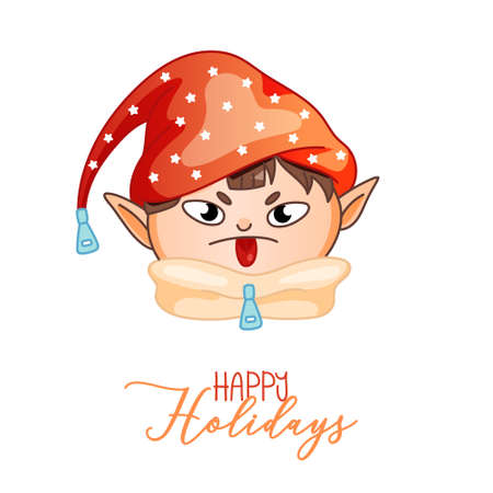 Christmas elf with funny phrase Happy Holidays. Vector winter illustration for postcard, greeting card, poster, gift. Childish santa helper for holidays.のイラスト素材