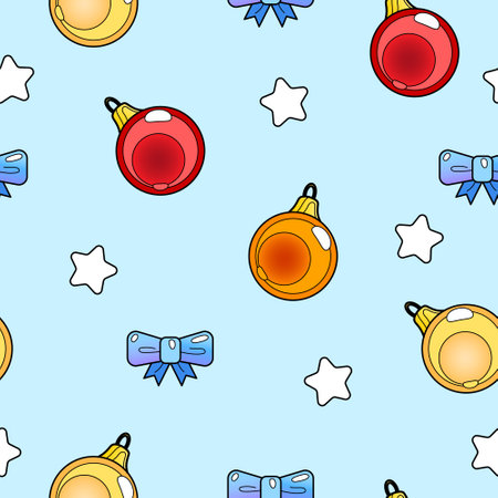 Christmas seamless blue pattern with colorful balls, bow, stars. Vector illustration for wrapping paper, textile, print, party, wallpaper.のイラスト素材