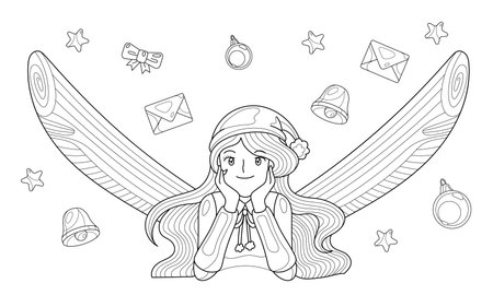 Fairy smiles getting letter, stars, bell. Christmas coloring book page for adult with doodle and elements. Vector hand drawn isolated.のイラスト素材