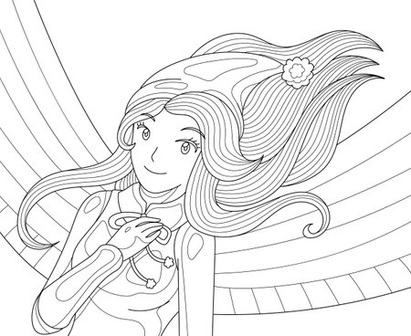 Fairy in santa hat smiles fairytale for children. Coloring book page for adult with doodle and elements. Vector hand drawn isolated.のイラスト素材