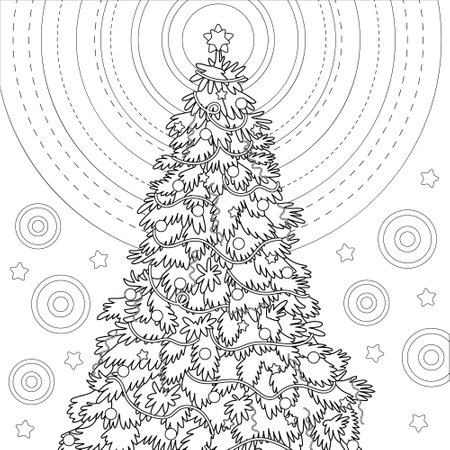 Big Christmas tree with garland, balls, star shining. Coloring book page for adult with doodle and elements. Vector hand drawn isolated.のイラスト素材