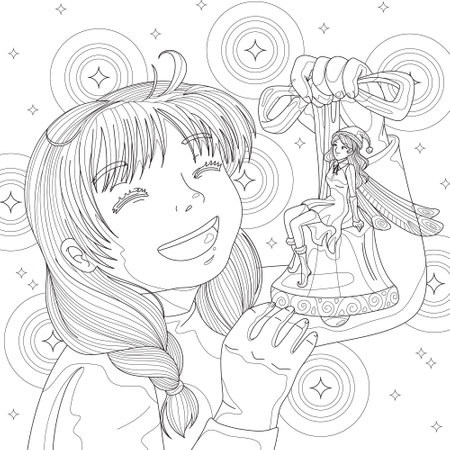 Girl laugh with fairy on shiny background. Coloring book page for adult with doodle elements. Vector hand drawn isolated.のイラスト素材